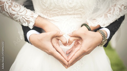 Close - up of Newlyweds' Hands Making a Heart Shape, for Wedding Design, Love - Themed Materials, Romantic Atmosphere Creation