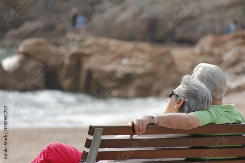 Elderly Couple Resting on Seaside Bench, for Love - Themed Design, Elderly Life Materials, Leisure Atmosphere Creation