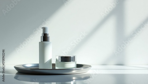 Wallpaper Mural Skincare products in modern design on silver tray with shadows   Torontodigital.ca