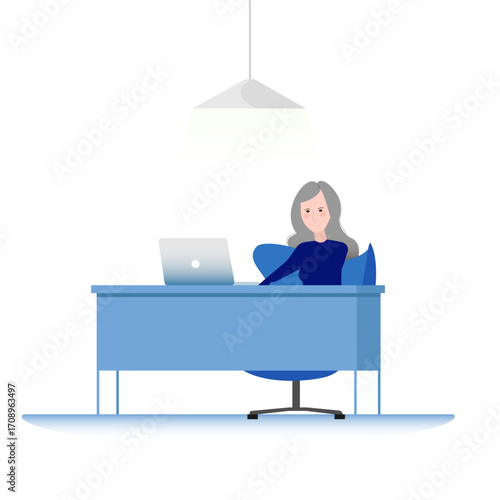 Businesswoman working at desk with laptop — vector illustration of office workplace