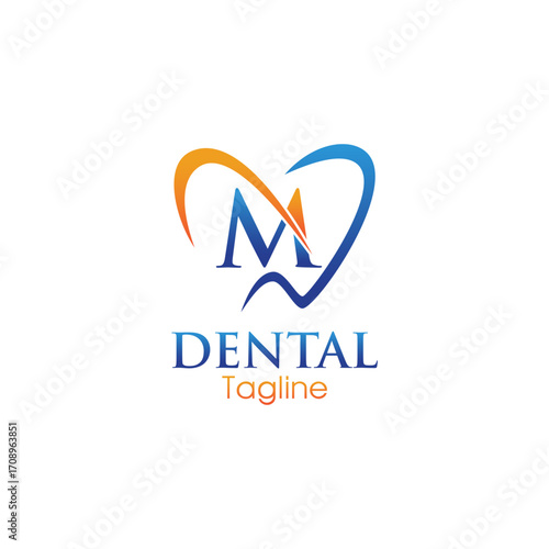 Modern dental logo featuring a stylized letter “M” inside a heart-shaped tooth outline, combining blue and orange for a professional and friendly appeal.