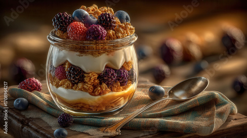 A glass jar filled with a dessert made of granola, yogurt, and berries. The dessert is topped with a spoon and surrounded by berries