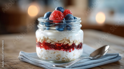 A jar of oatmeal with blueberries and raspberries on top. A spoon is sitting on a napkin next to the jar