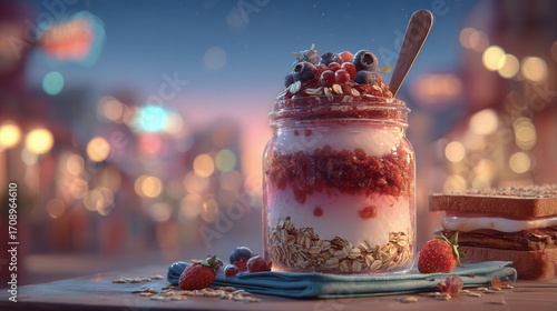 A jar of fruit yogurt with blueberries and strawberries on top. The jar is on a table with a blue cloth