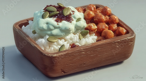 A bowl of rice and beans with a green sauce on top. The bowl is wooden and the rice is white