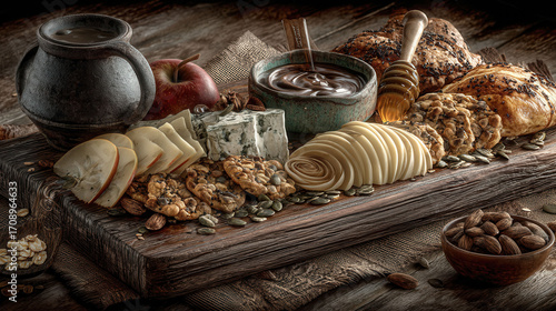 A wooden tray with a variety of foods including crackers, cheese, and fruit. The tray is set on a table with a bowl of nuts and a cup of coffee nearby. Scene is casual and inviting