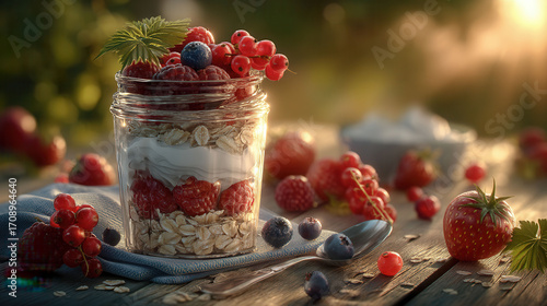 A jar of fruit with berries and oatmeal on a table. The jar is filled with blueberries and strawberries