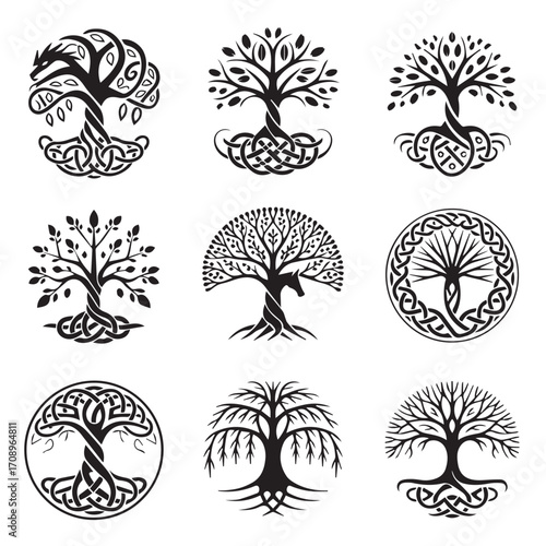 nine ornate tribal tree emblem vectors with detailed lineart knotwork borders isolated on transparent background