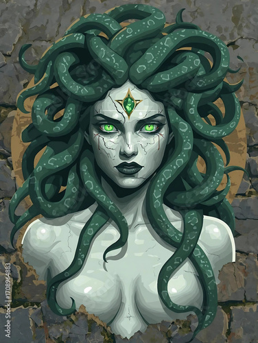 Greek Medusa marble statue with realistic snakes and glowing green eyes