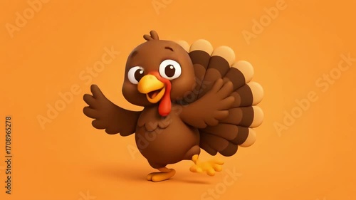 Cute Cartoon Dancing Thanksgiving Turkey on a Orange Background