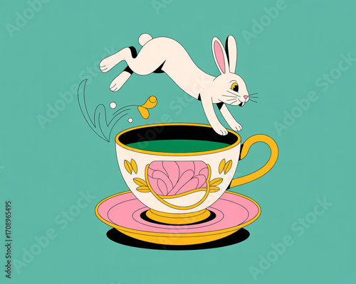 White rabbit jumping into a teacup illustration on teal background