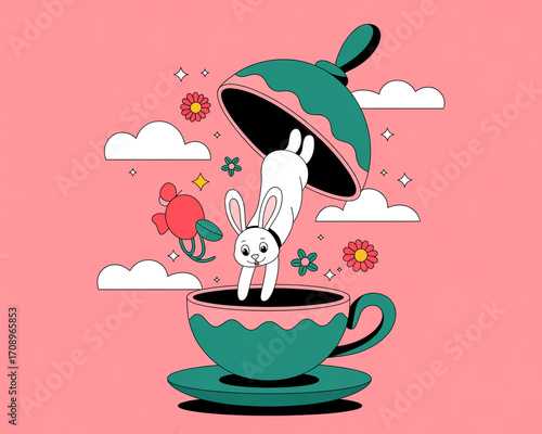 Cute rabbit jumping into a teacup, surrounded by clouds and flowers