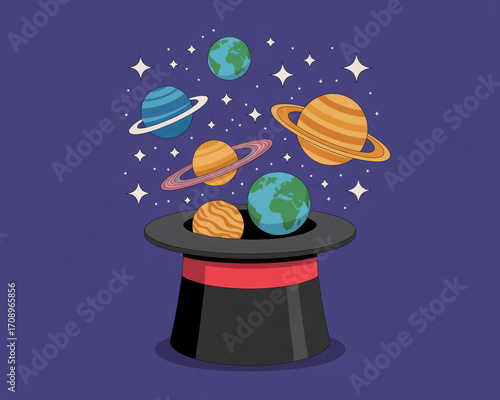 Planets and stars emerging from a magic hat on a purple background