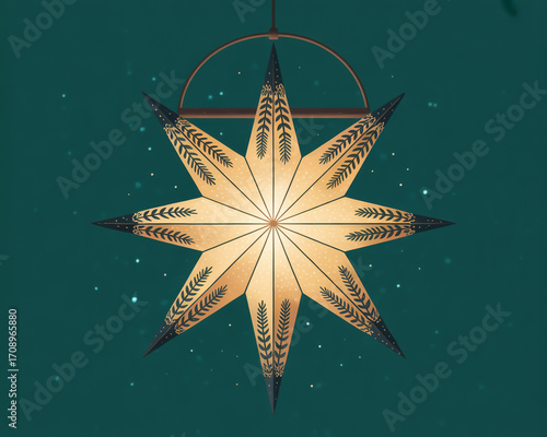 Illuminated star lantern with a geometric pattern on a dark teal background