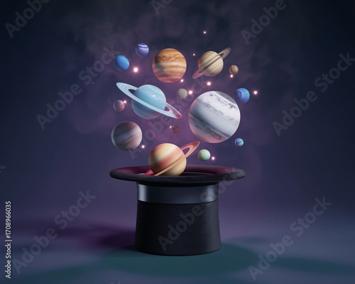 Planets emerge from a magicians hat in a cosmic display of wonder