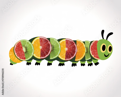 Fruit caterpillar isolated on white background, made of orange, kiwi and grapefruit
