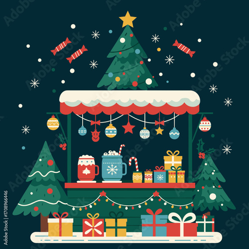 Christmas market booth with hot drinks, presents, garlands and fir trees. Winter fair design, festive ads, seasonal visuals