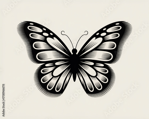 Engraved butterfly illustration isolated on white background in black and white
