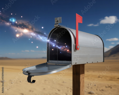 Mailbox in desert with galaxy inside, concept of receiving cosmic messages
