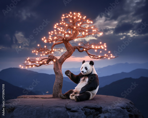 Panda sitting under a tree decorated with lights on a mountain top