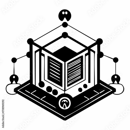 Abstract geometric digital cube structure with interconnected nodes and stylized figures, representing data or technology.