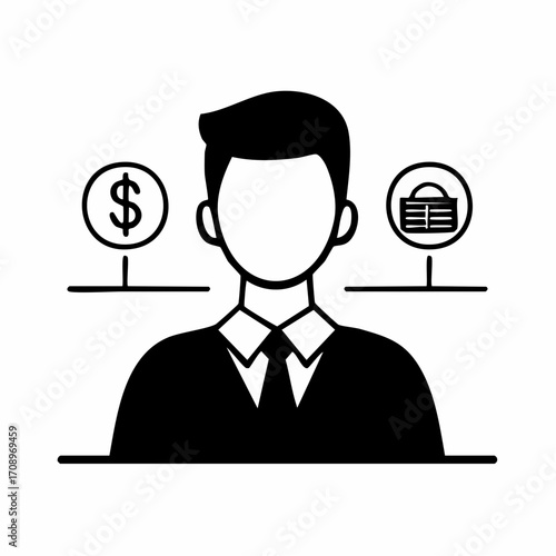 A stylized illustration depicts a person in professional attire, symbolizing financial transactions and shopping choices with icons representing currency and a shopping basket.