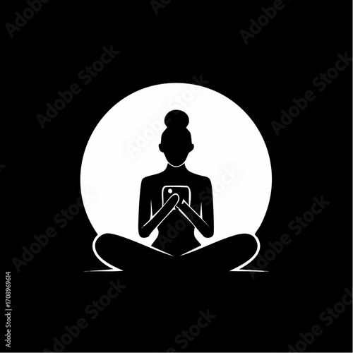 Silhouette of a person in a meditative pose, engrossed in their smartphone, with a large circle behind them.