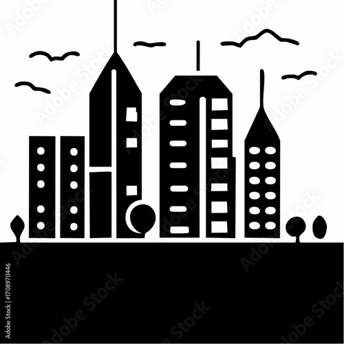 Stylized illustration of a modern city skyline with tall buildings, windows, and flying birds against a cloudy sky.