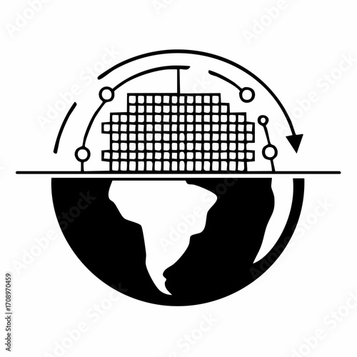 Stylized illustration of a cargo ship sailing across a globe, symbolizing global trade and logistics networks.