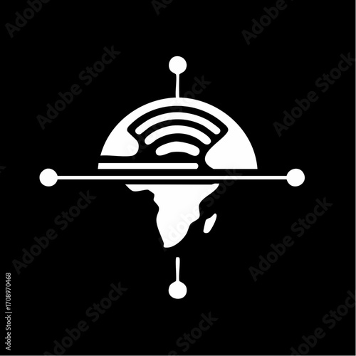 Stylized white globe with radiating Wi-Fi signal lines and connecting nodes on a black background, symbolizing global connectivity and technology.