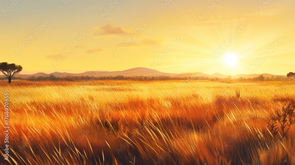 Obraz premium Golden Sunrise Over Vast Grasslands with Rolling Hills and Silhouetted Trees Under Clear Skies in a Serene Natural Landscape