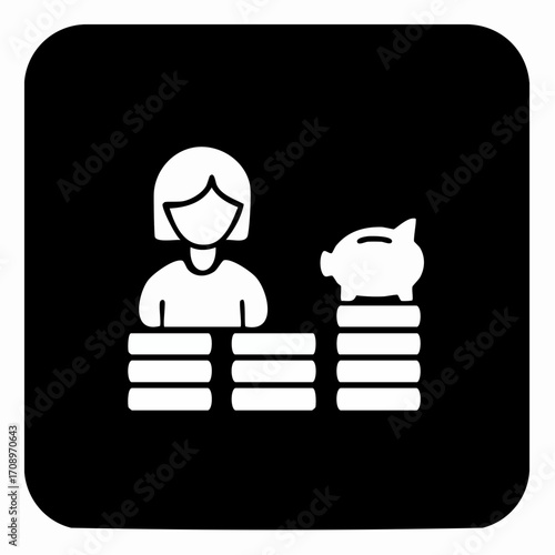 A stylized white icon depicting a person standing behind stacks of coins, with a piggy bank resting on a taller stack, symbolizing savings and financial planning.