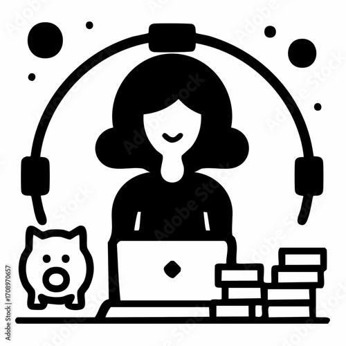 A smiling person wearing a headset works on a laptop, surrounded by a piggy bank and stacks of coins, symbolizing financial management and remote work.