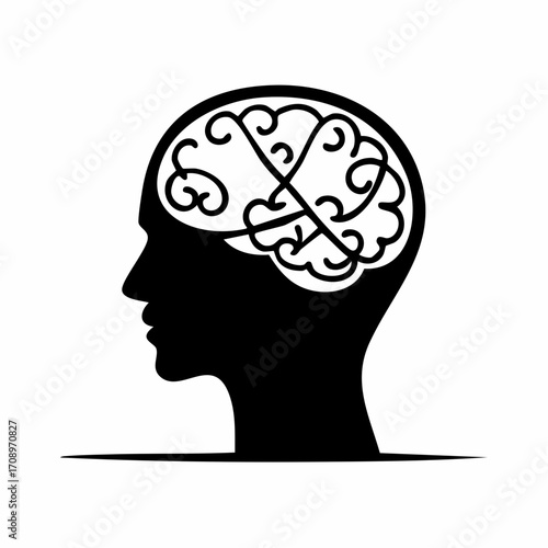 Silhouette of a human head in profile with an intricate, stylized brain design visible within its cranial cavity, symbolizing thought and intellect.