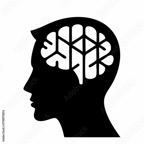 Silhouette of a human head profile with an intricate, stylized brain pattern inside, representing thought and cognition.