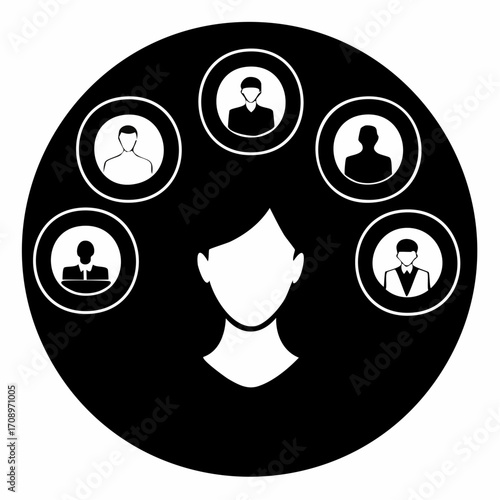 A central silhouette of a person is surrounded by five smaller circular icons, each depicting a different stylized human figure, representing a network or connection.