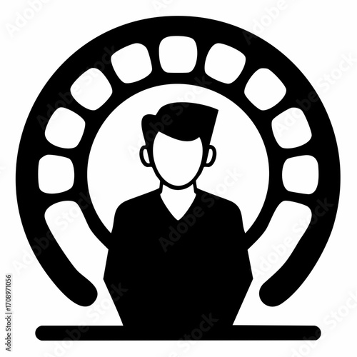 Stylized silhouette of a person seated at a desk with a laptop, framed by a circular, segmented archway suggesting a stage or spotlight.
