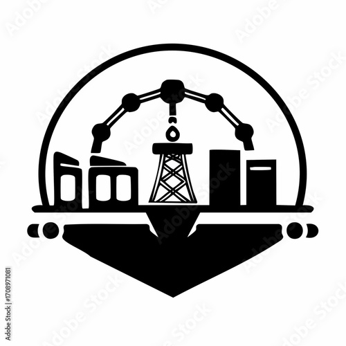Stylized black and white illustration depicting an industrial complex with a robotic arm over a drilling rig, suggesting manufacturing and resource extraction.