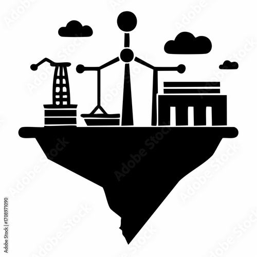 A stylized illustration depicts a floating island with various industrial structures, including a wind turbine, oil derrick, and factory, symbolizing energy ...