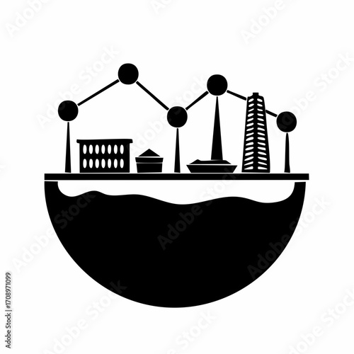 Stylized black and white illustration depicting a cityscape with industrial elements and a connecting network above a body of water.