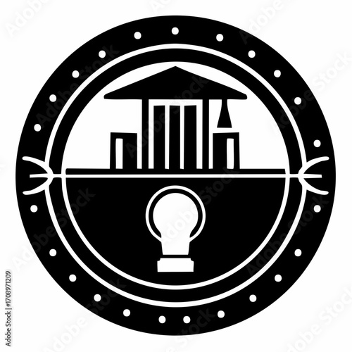 Stylized illustration of industrial buildings, including a smokestack emitting smoke, a multi-story factory, and a shipping container, enclosed within a circ...