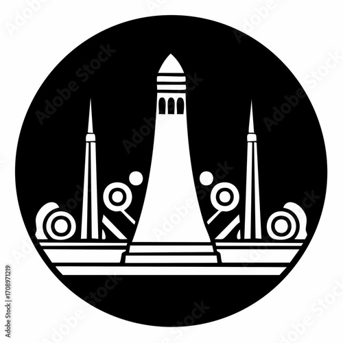 The official emblem of Surabaya, Indonesia, a white silhouette of the Heroes Monument (Tugu Pahlawan) on a black circular background.