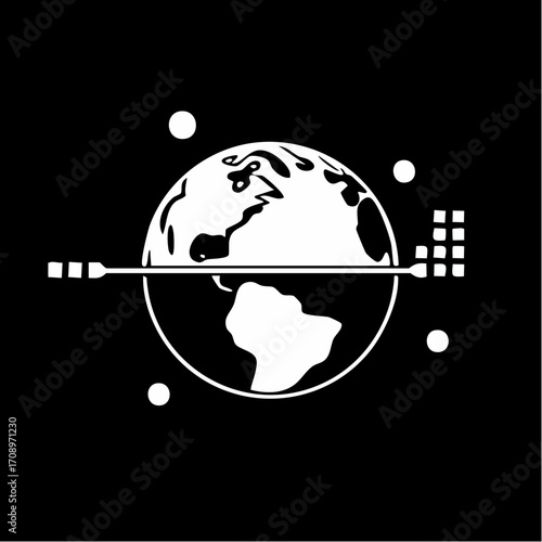 A stylized white graphic depicts a globe with a horizontal line passing through it, connecting a digital data stream to a network of dots, suggesting global ...
