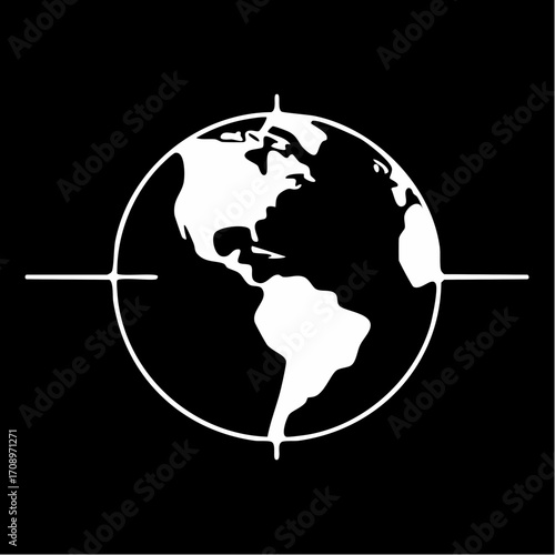 A graphic illustration of planet Earth showing the Americas, centered within a circular target or compass design.