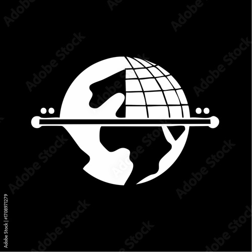 A minimalist white graphic icon of a stylized globe divided by a horizontal axis, with a grid on top and continents below.