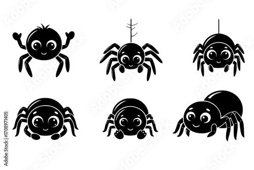 Set of Cute Spider Characters in a Simple Cartoon Style, Vector Art
