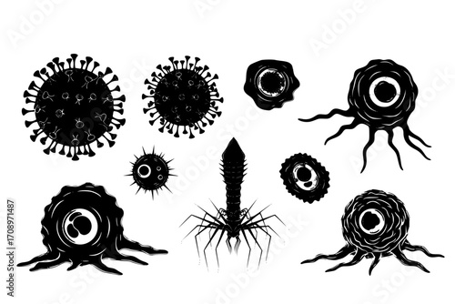 Set of Microscopic Virus and Cancer Cells in Silhouette Style