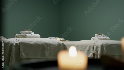 Spa Room Featuring Massage Tables with White Towels and Candles on a Dim Green Wall
