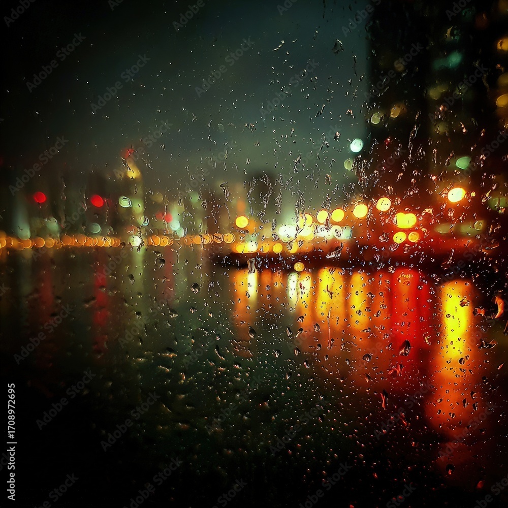 Fototapeta premium Rainy Night Cityscape Through Window