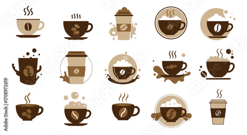 A diverse collection of steaming coffee cups, takeaway mugs, and frothy beverages, featuring prominent coffee beans in a clean, modern vector icon style.
